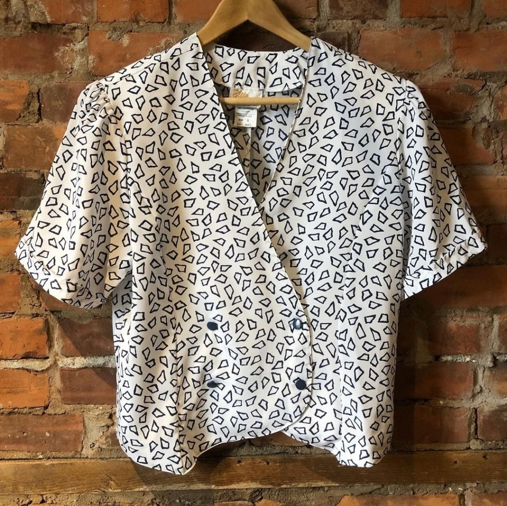 Vintage 80s Double Breasted Lapel Neck Blouse with Geometric Print
